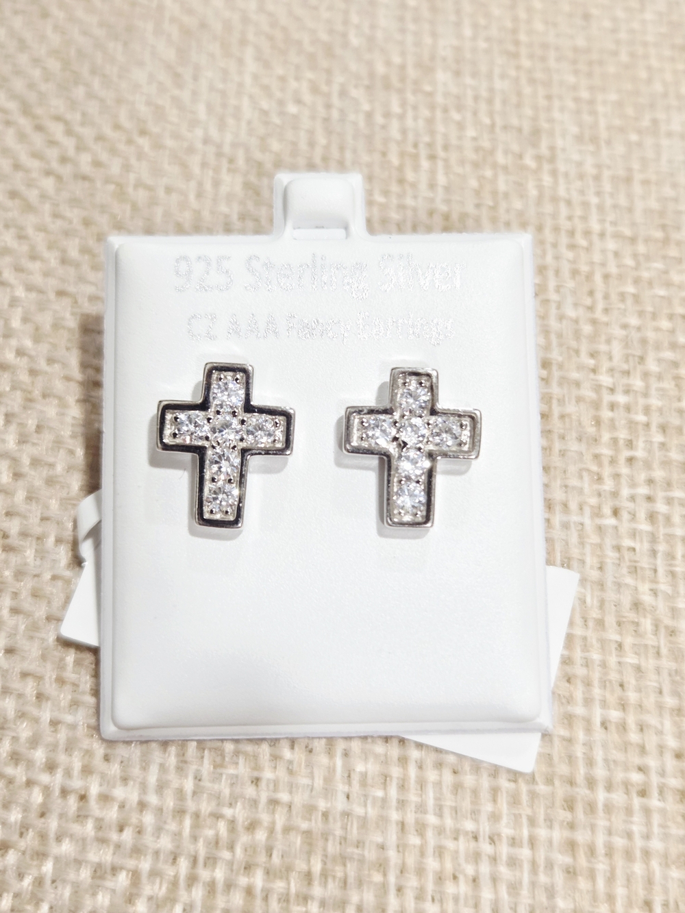 Sterling Silver Cross Stud Earrings with Clear Crystals - White